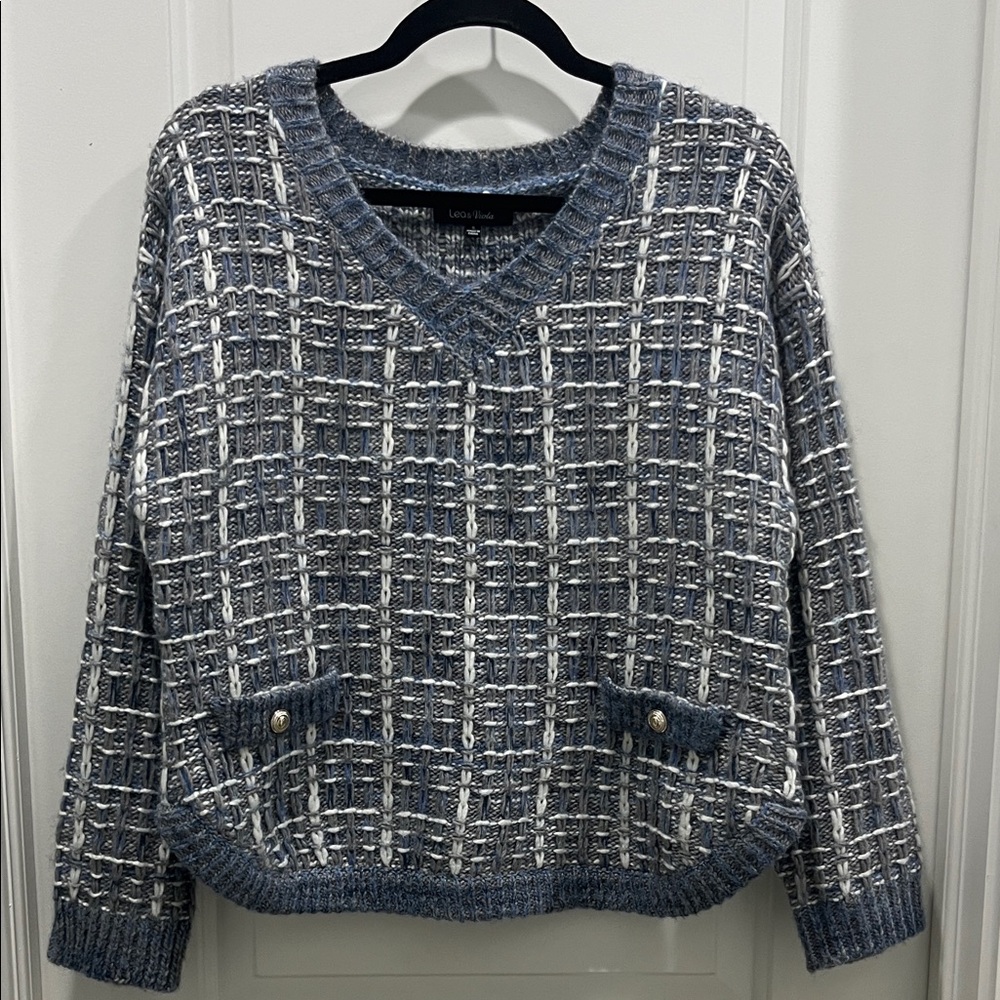 Lea & Viola Blue & White Textured Tweed Like Knit Sweater Sz S
